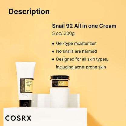 Snail Mucin 92% Moisturizer – 7.05 Fl Oz | Daily Repair Face Gel Cream for Dry & Sensitive Skin | Paraben-Free, Sulfate-Free, Phthalate-Free | Korean Skincare